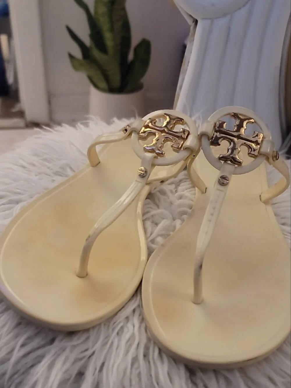 Tory Burch Ivory Logo T-Strap Jelly Sandals with Gold Accent